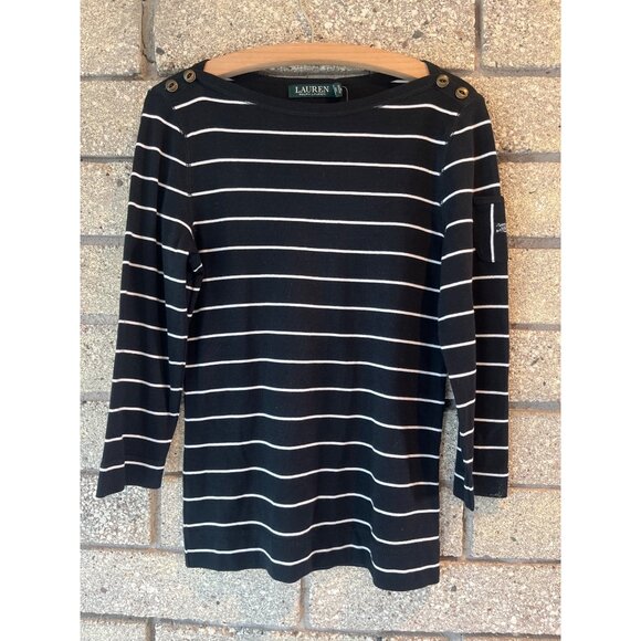 Lauren Ralph Lauren Tops - Lauren Ralph Lauren Womens Black & White Striped Top With Button Shoulder Detail